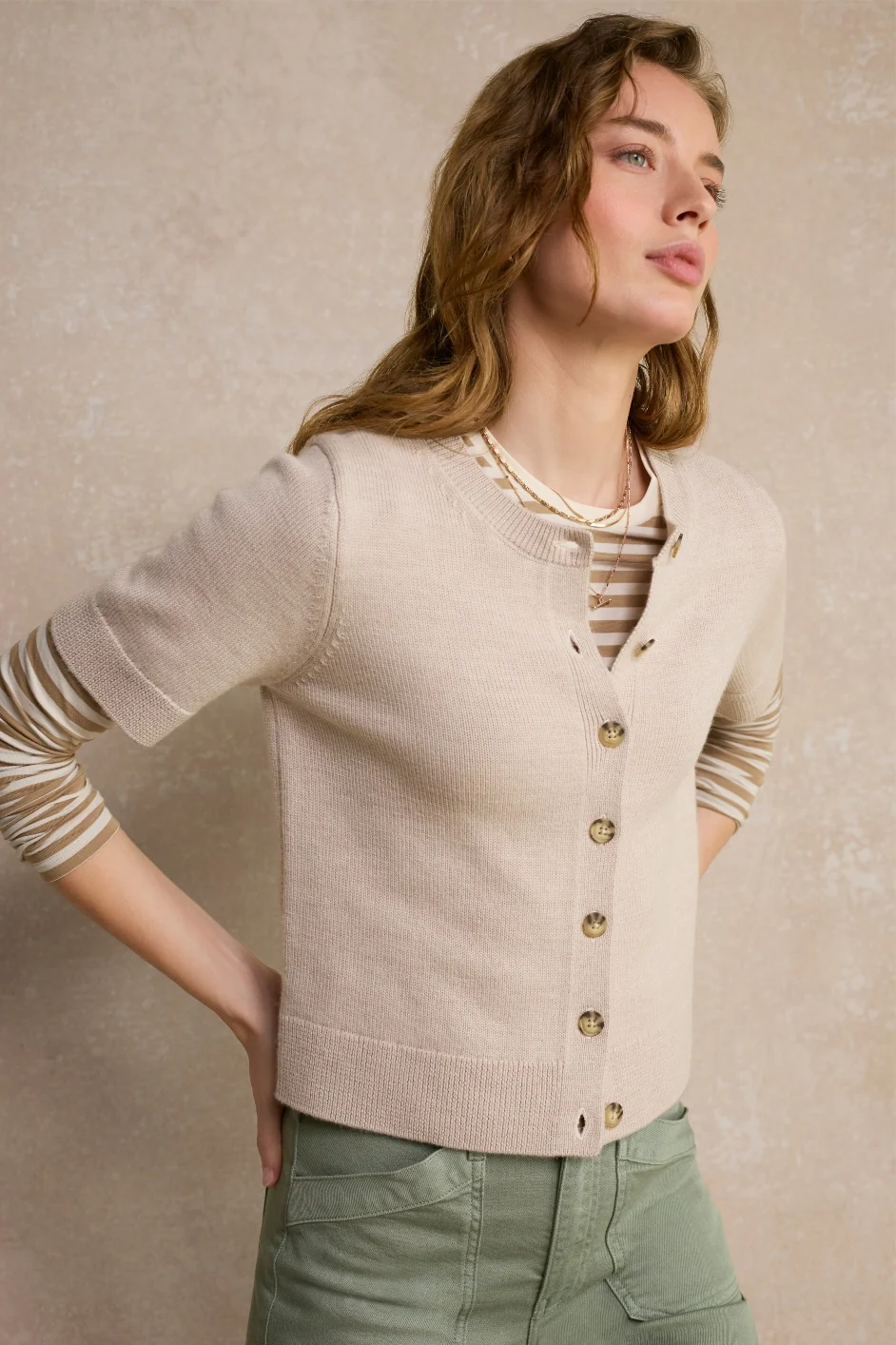 Ava Short Sleeve Cardigan - Oyster - Image 6