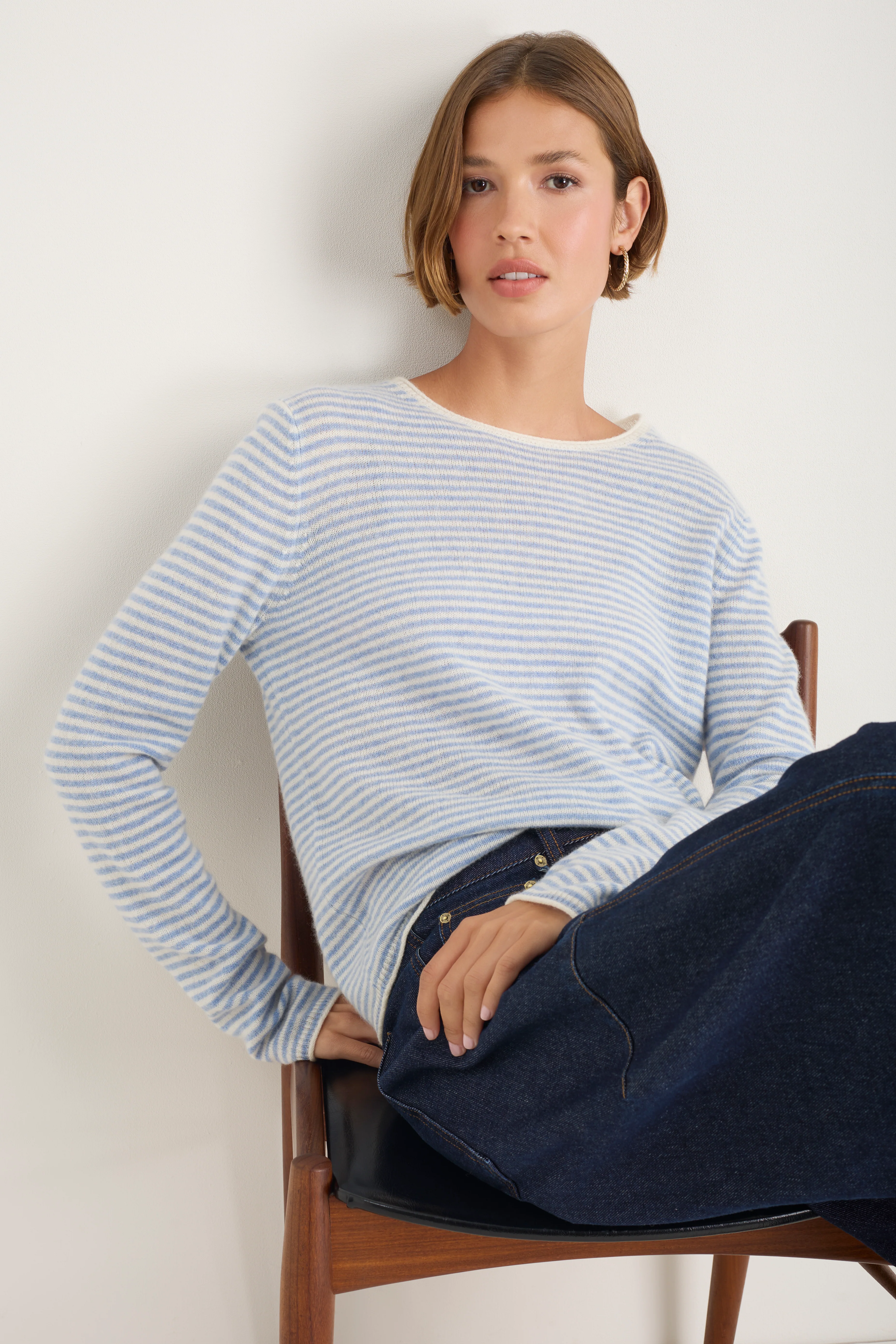 Chrissie Cashmere Jumper - Chambray Blue/Ivory Micro Stripe - Image 3