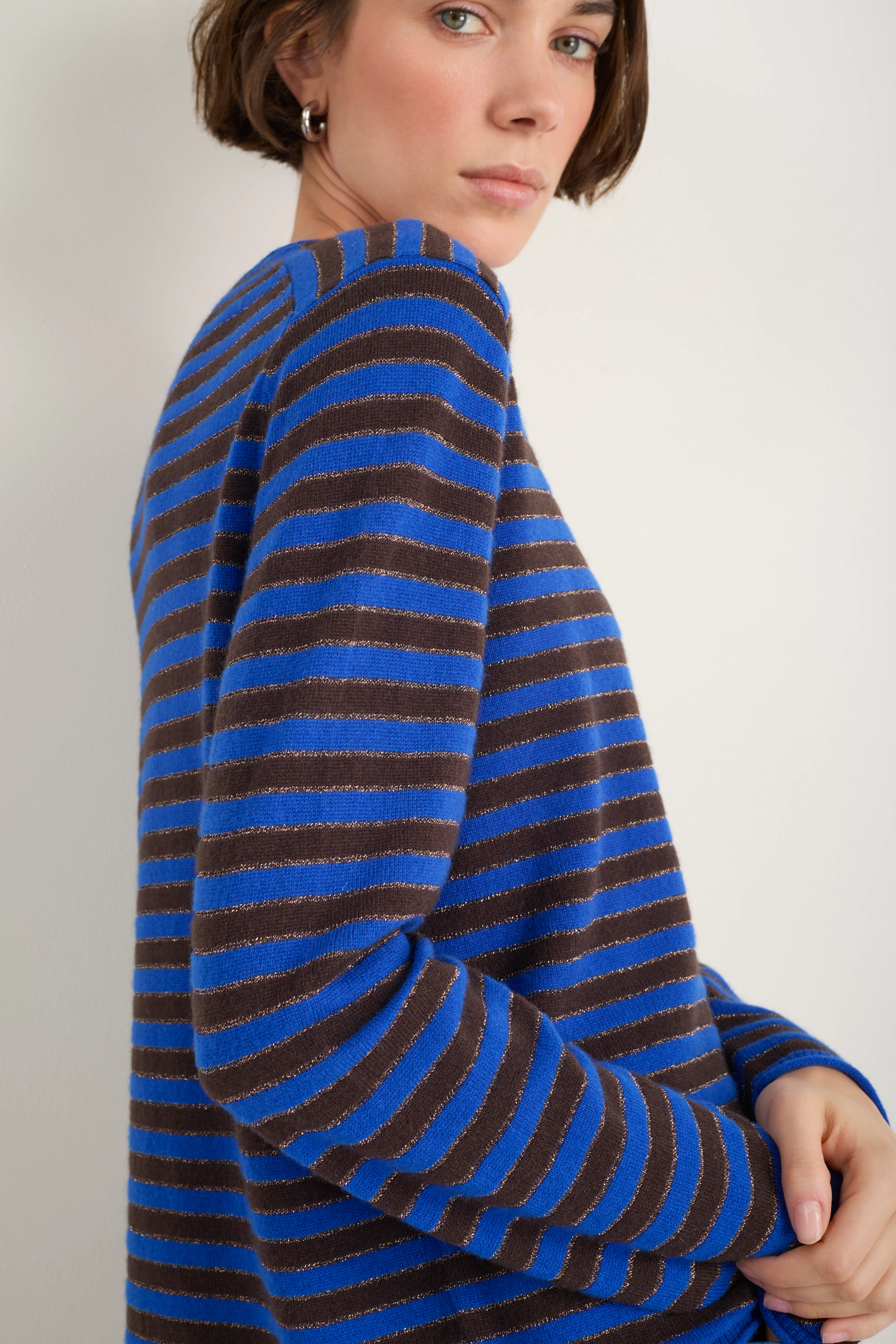 Chrissie Cashmere Jumper - Cobalt/Chocolate/Metallic Stripe - Image 2