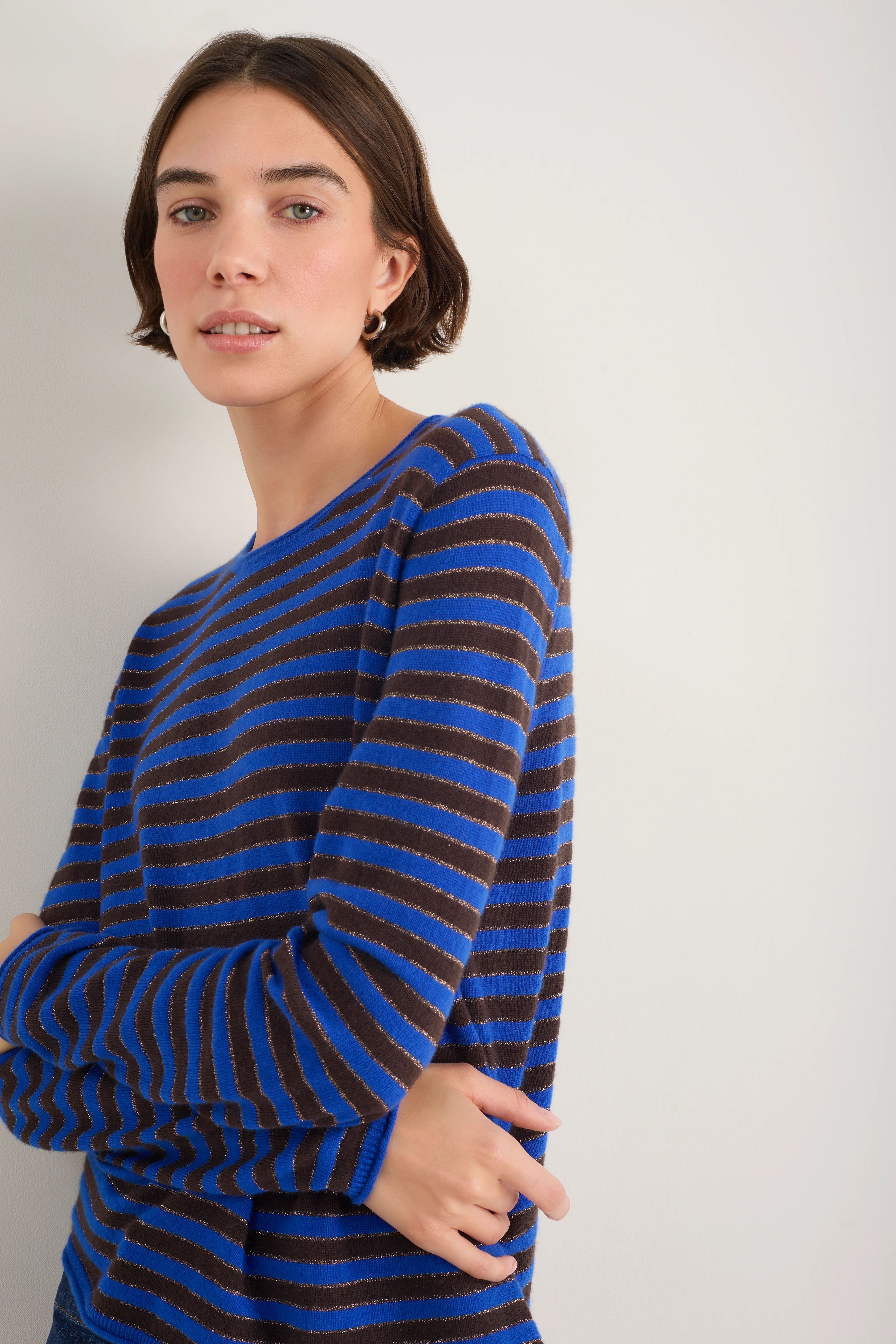 Chrissie Cashmere Jumper - Cobalt/Chocolate/Metallic Stripe - Image 5