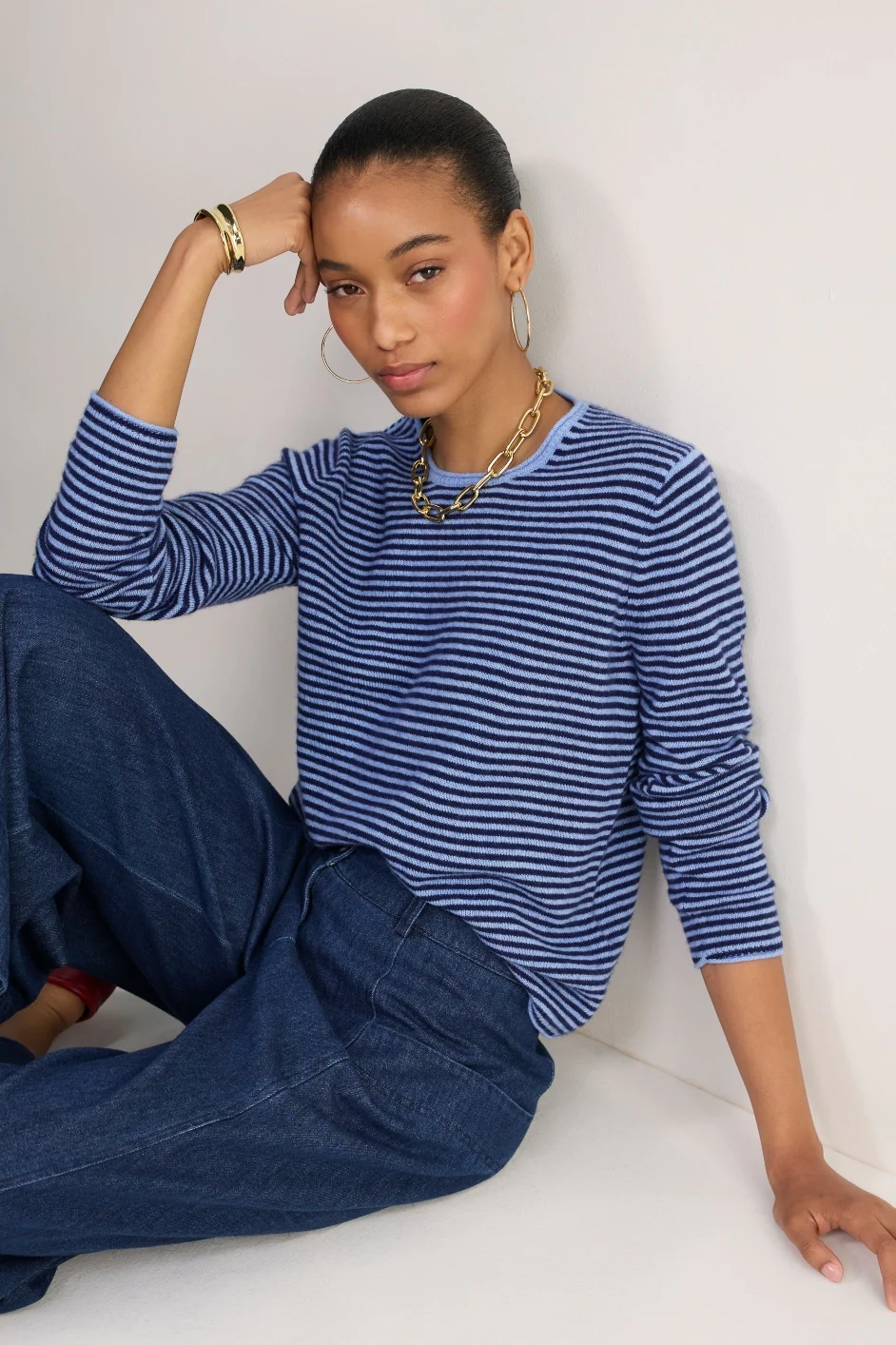 Chrissie Cashmere Jumper - Midnight/Chambray Blue Micro Stripe - Image 3