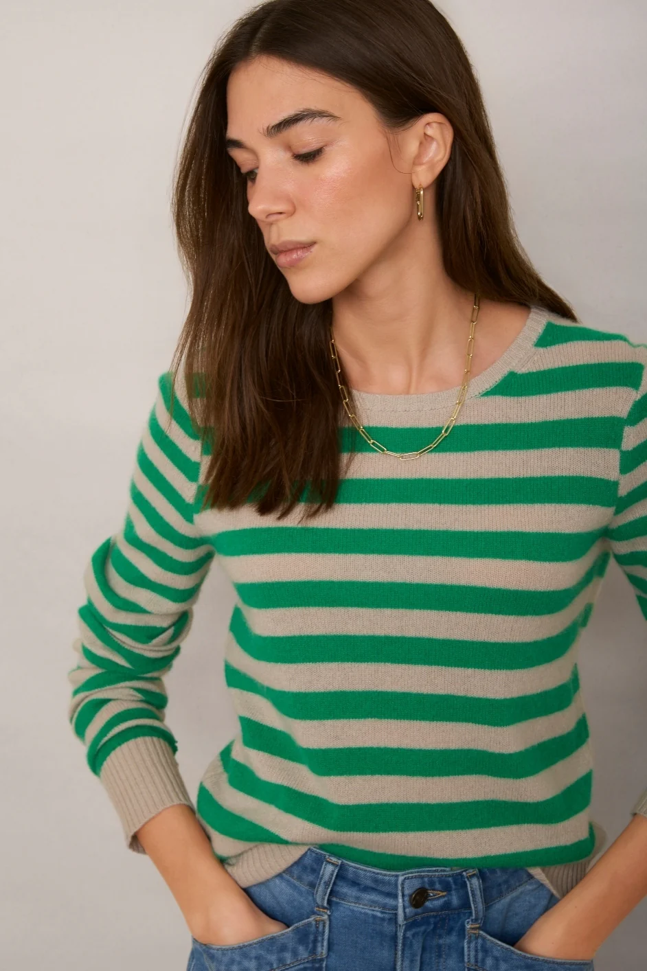 Cleo Cashmere Jumper - Parchment/Jade Green Stripe - Image 3