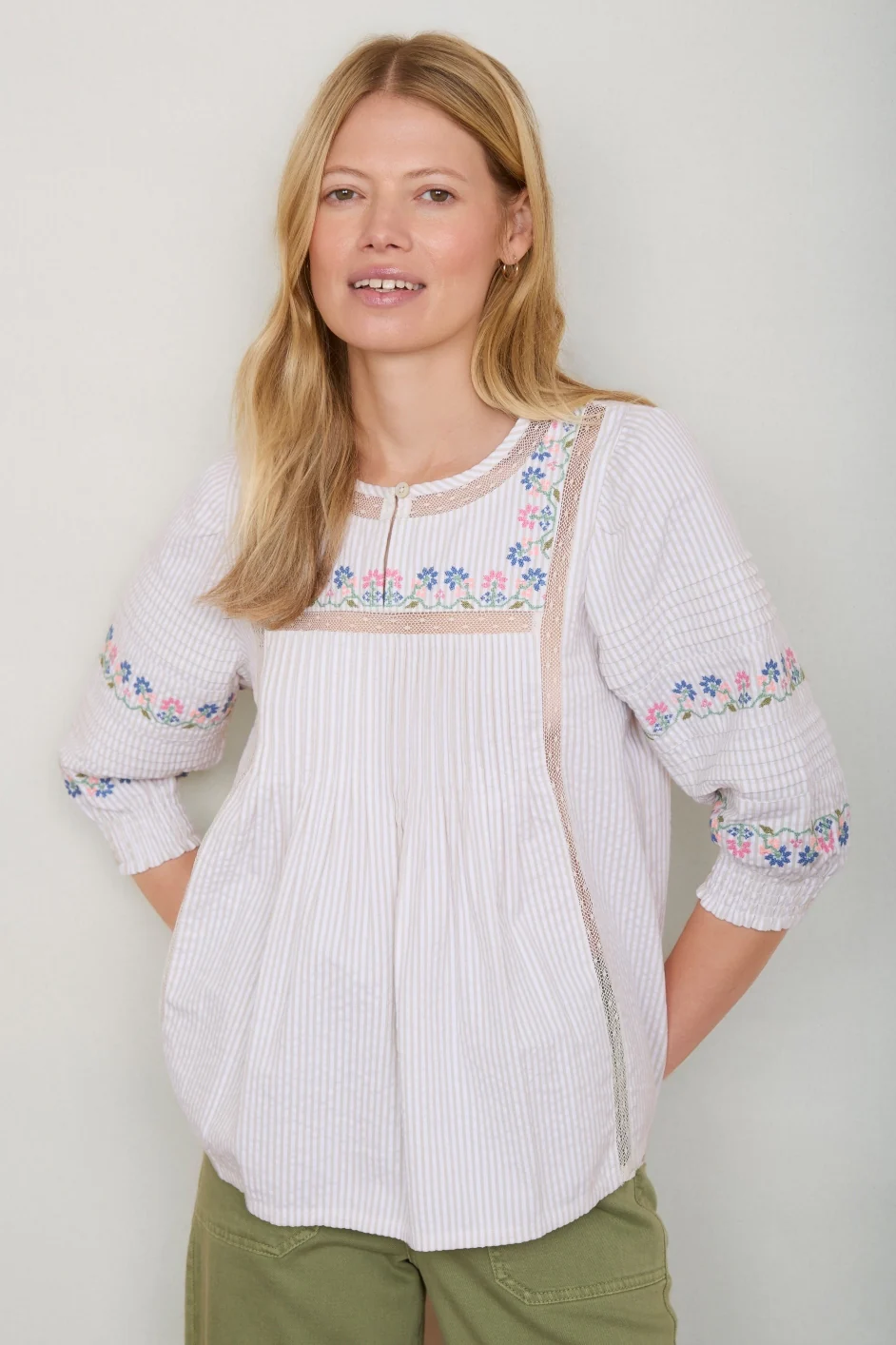Deandra Embroidered Blouse - Green Stripe - Image 2