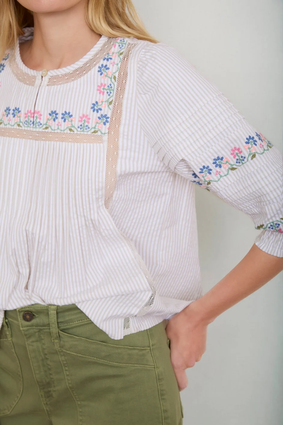 Deandra Embroidered Blouse - Green Stripe - Image 4