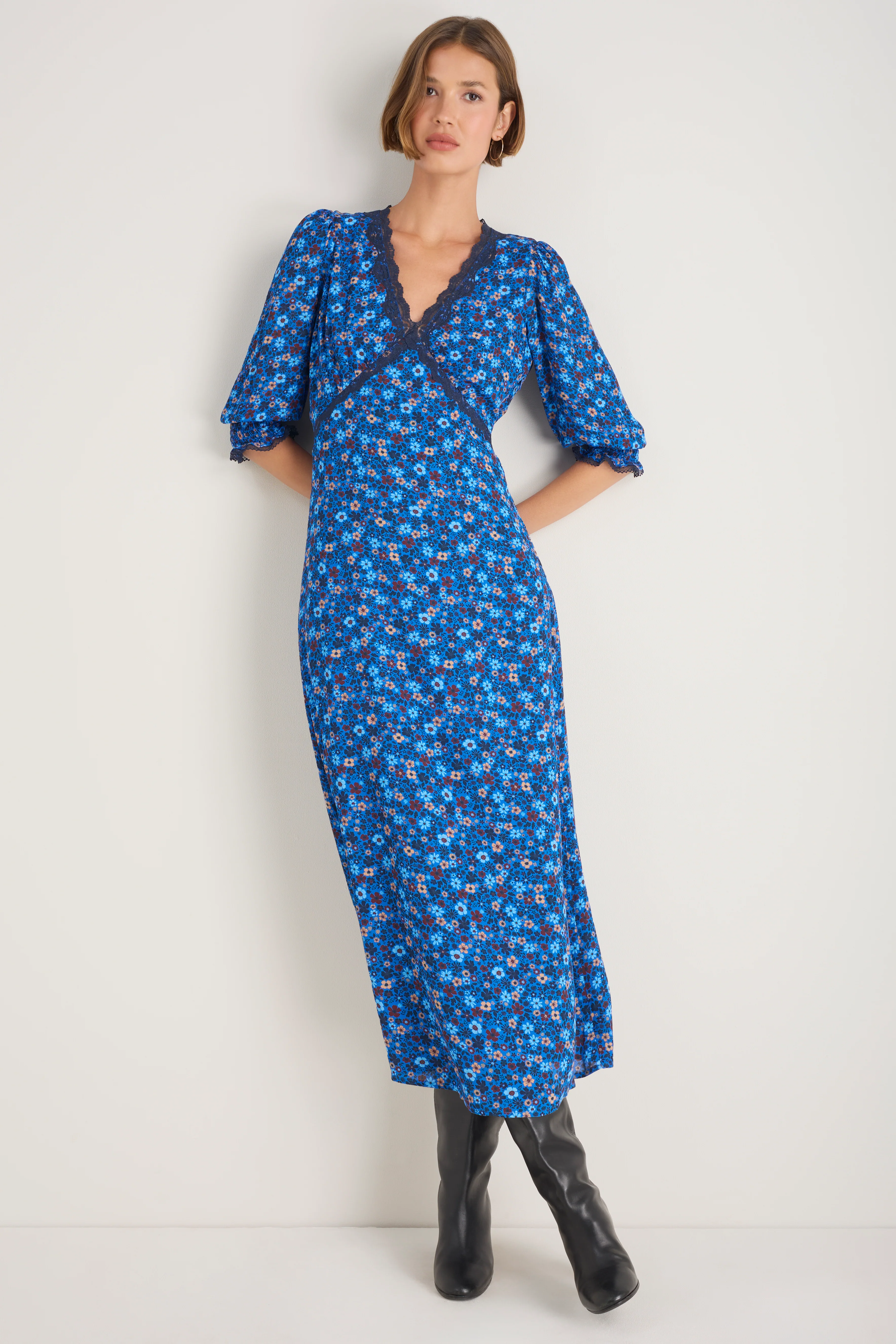 Elodie Dress - Cobalt Retro Ditsy