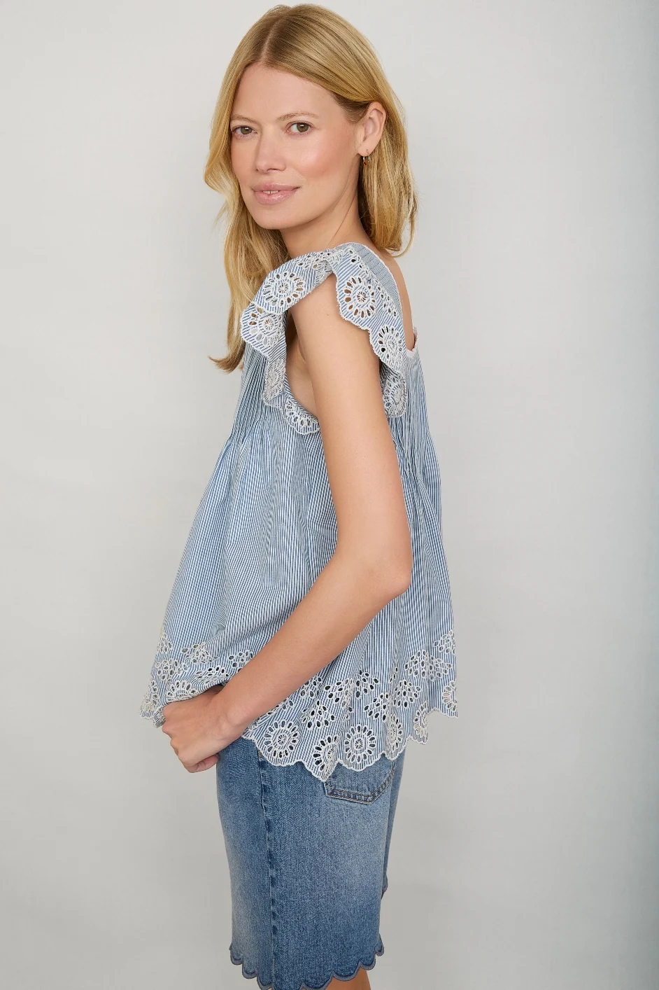 Laurel Broderie Top - Blue/Ivory Stripe - Image 2