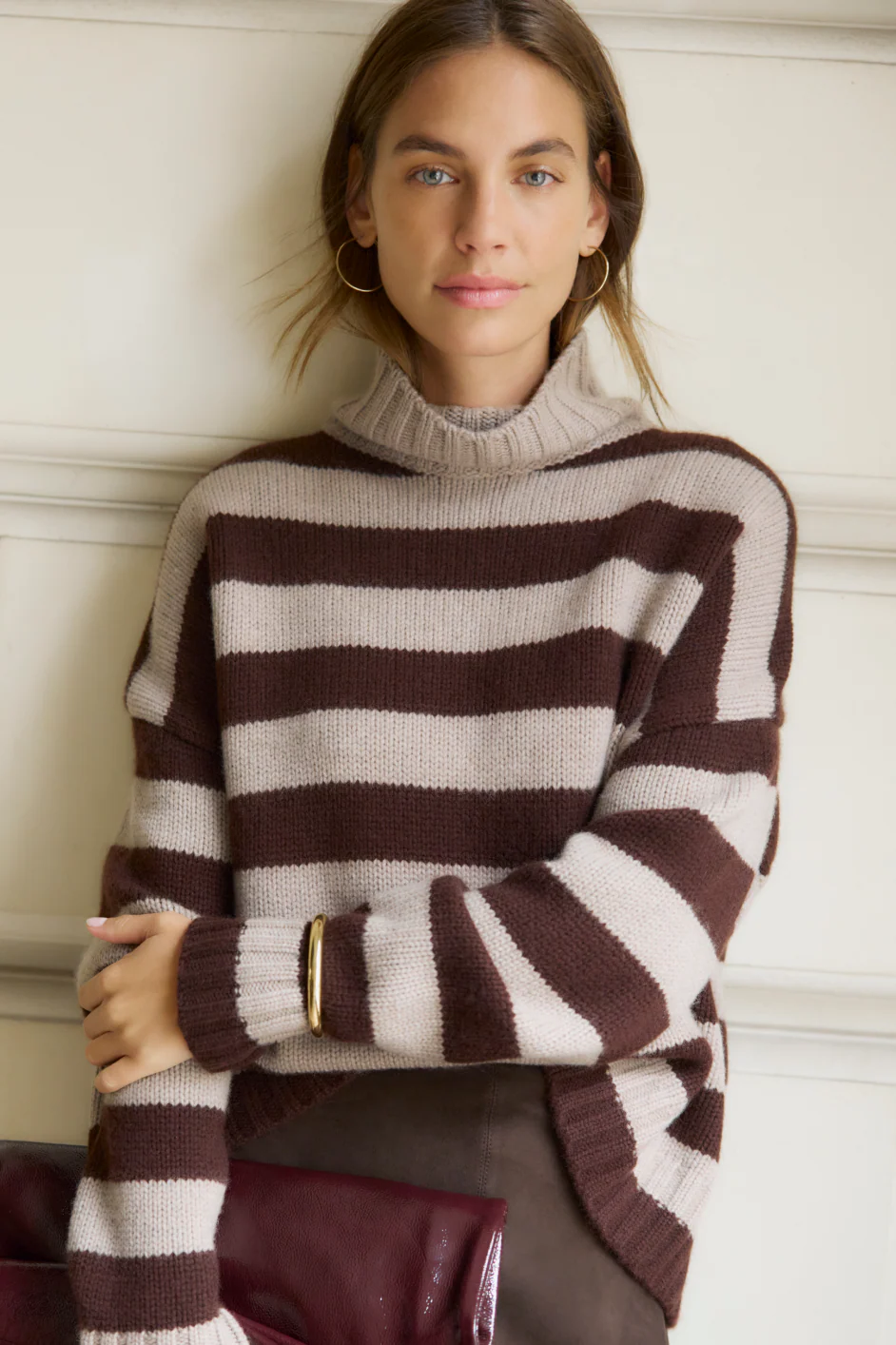 Liana Chunky Funnel Neck Jumper - Chocolate/Oat Stripe - Image 2