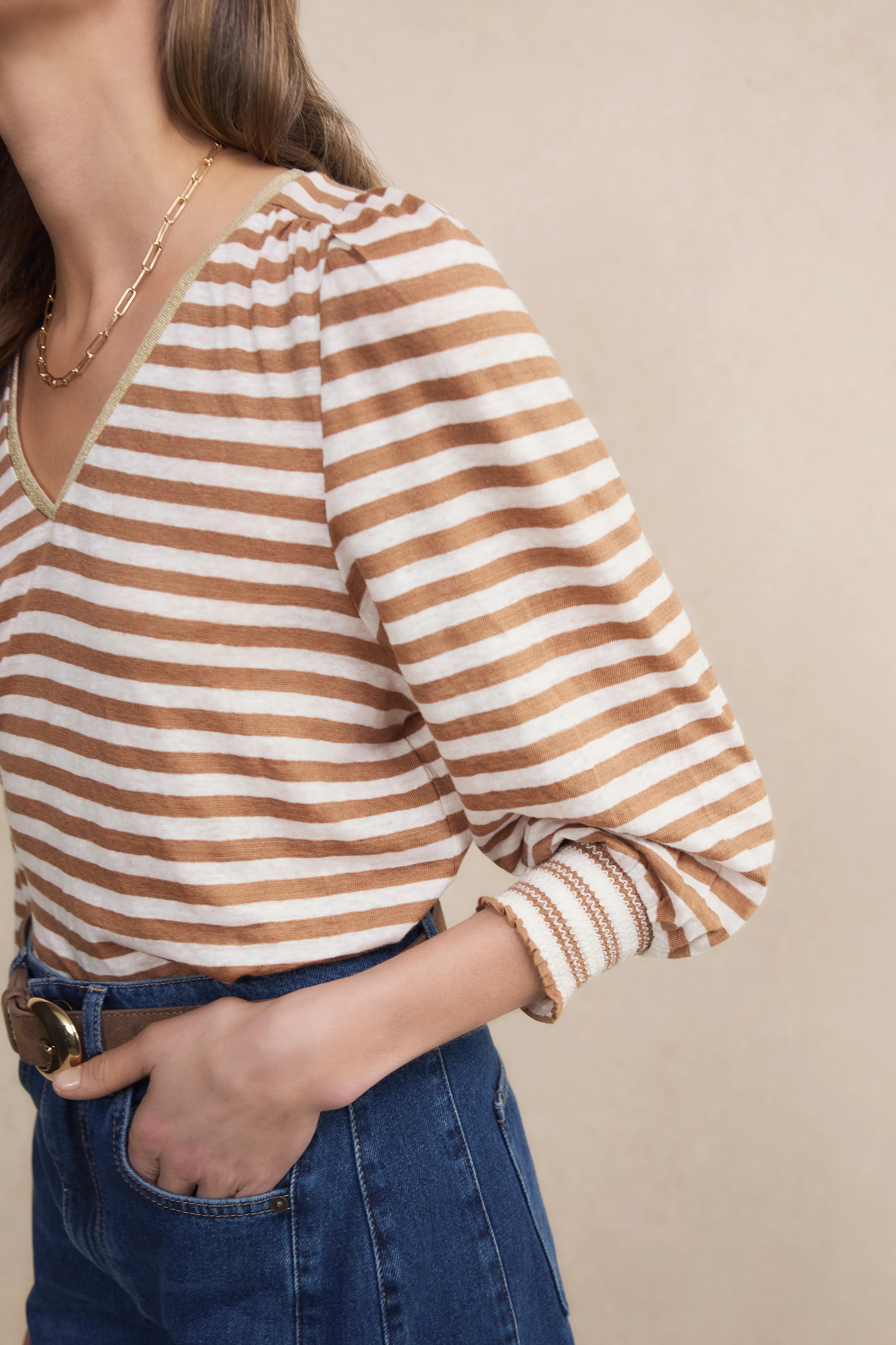 Lily Linen 3/4 V-Neck Top - Brown/Ivory Stripe - Image 2