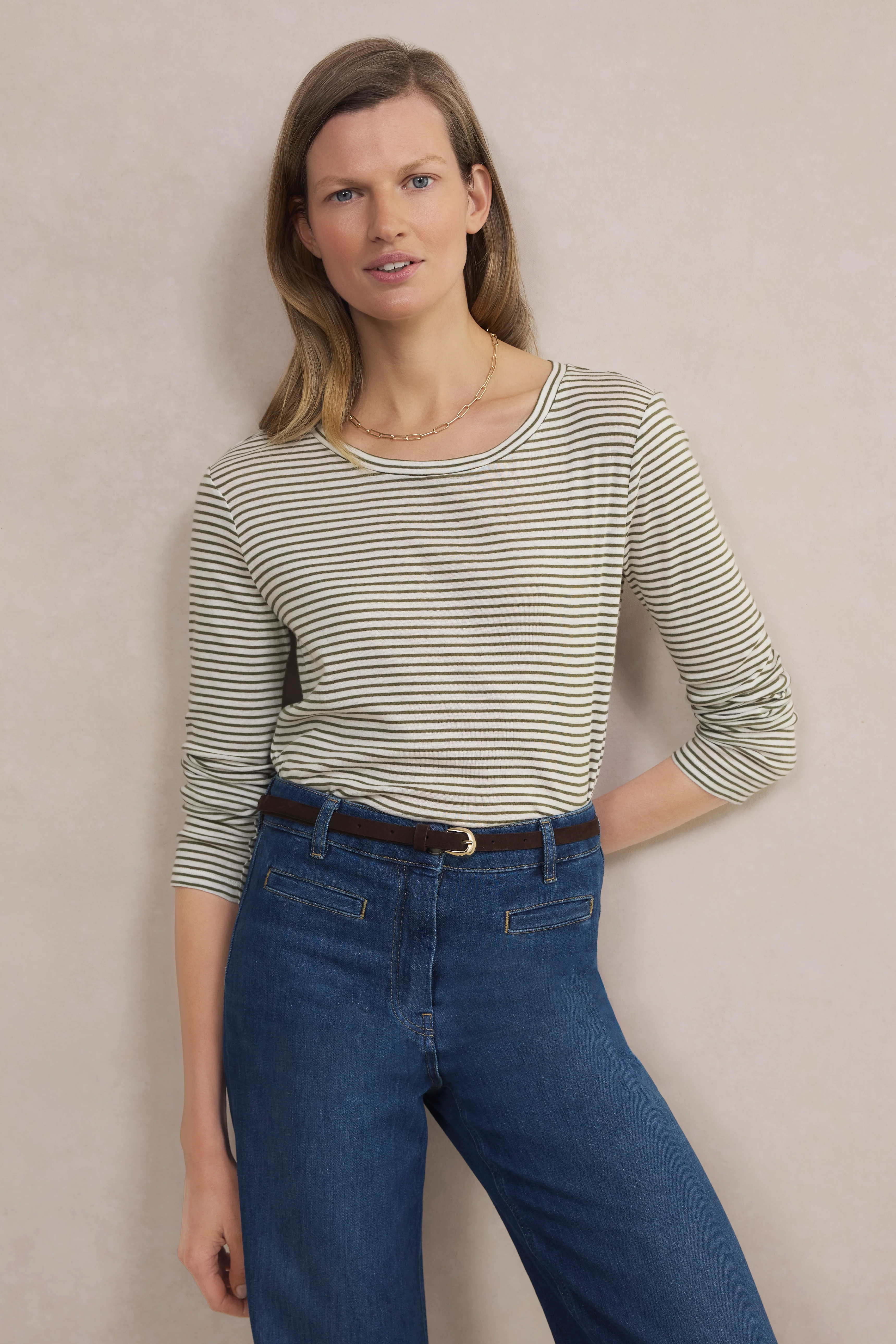 Madeleine Supersoft Jersey Top - Khaki/Ivory Stripe
