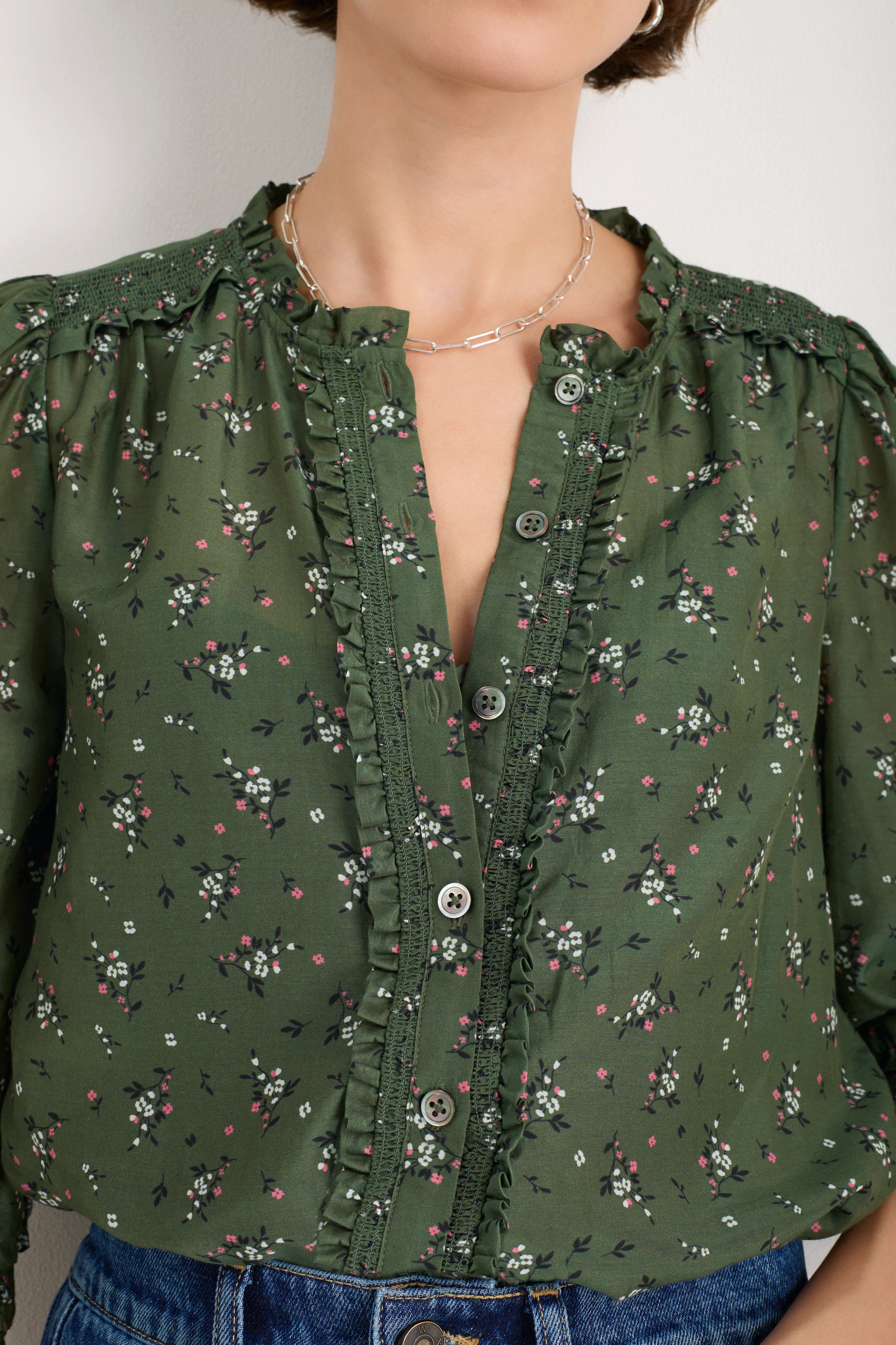 Maeve Silk Blend Blouse - Deep Olive Sprig Floral - Image 2