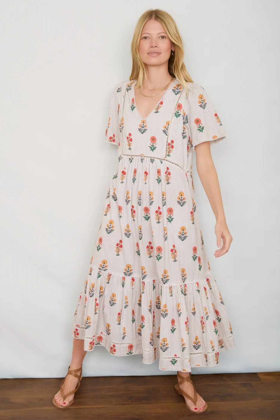 Maggie Dress - Tan Stripe Woodblock Floral