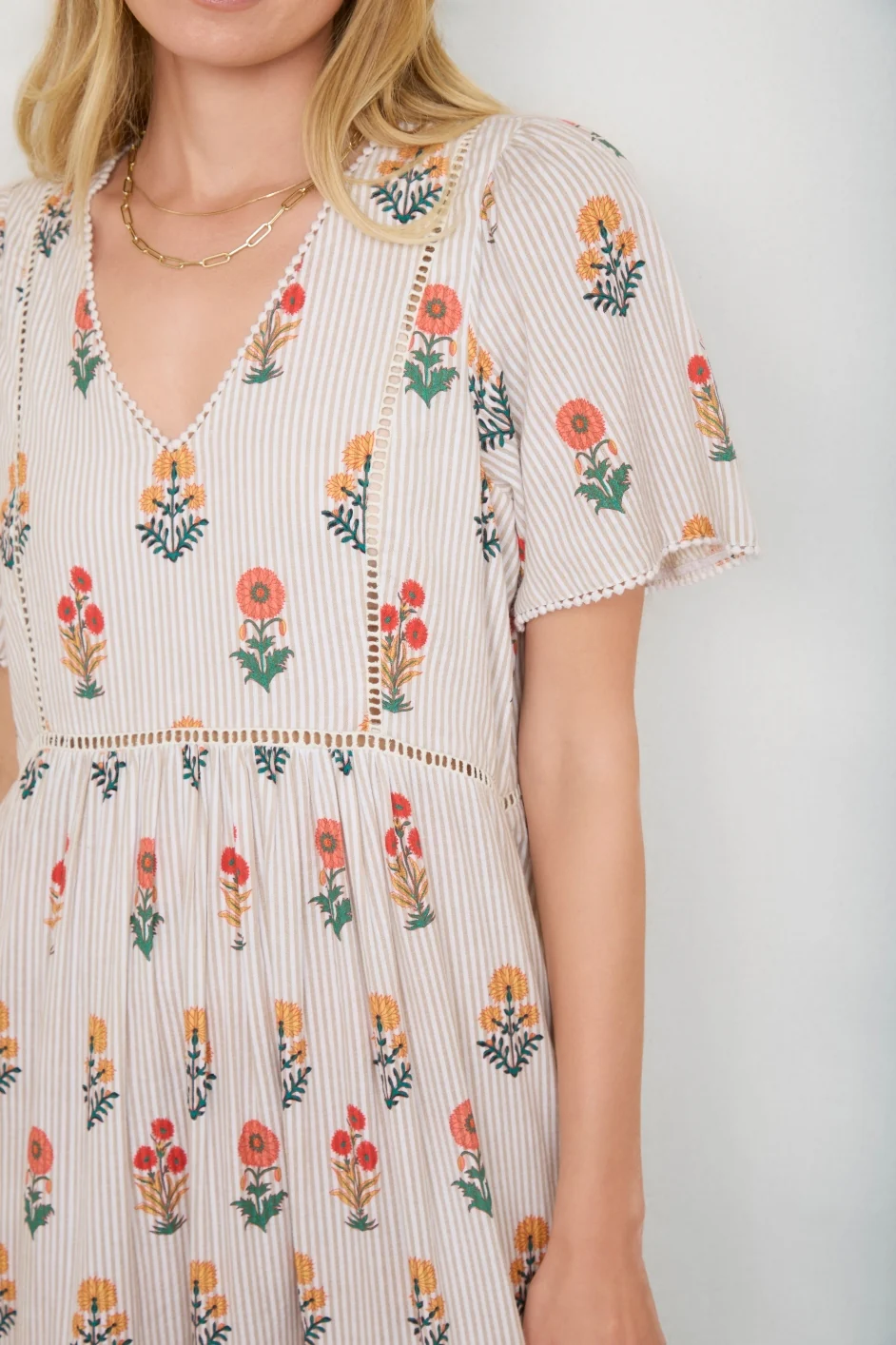 Maggie Dress - Tan Stripe Woodblock Floral - Image 2