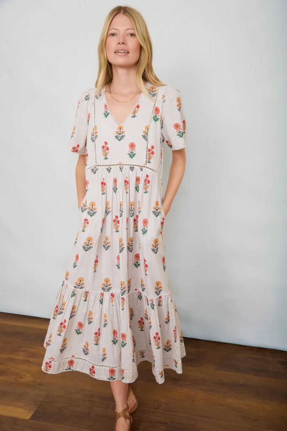 Maggie Dress - Tan Stripe Woodblock Floral - Image 3