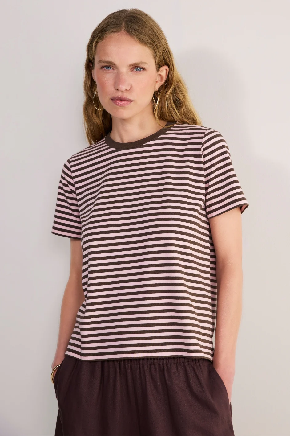 Marley Short Sleeve T-Shirt - Chocolate/Pink Micro Stripe - Image 4