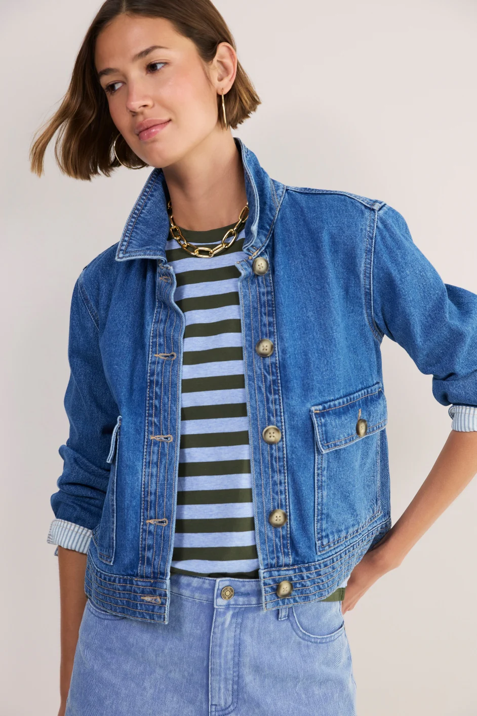 Marley Short Sleeve T-Shirt - Denim Blue/Olive Stripe - Image 5
