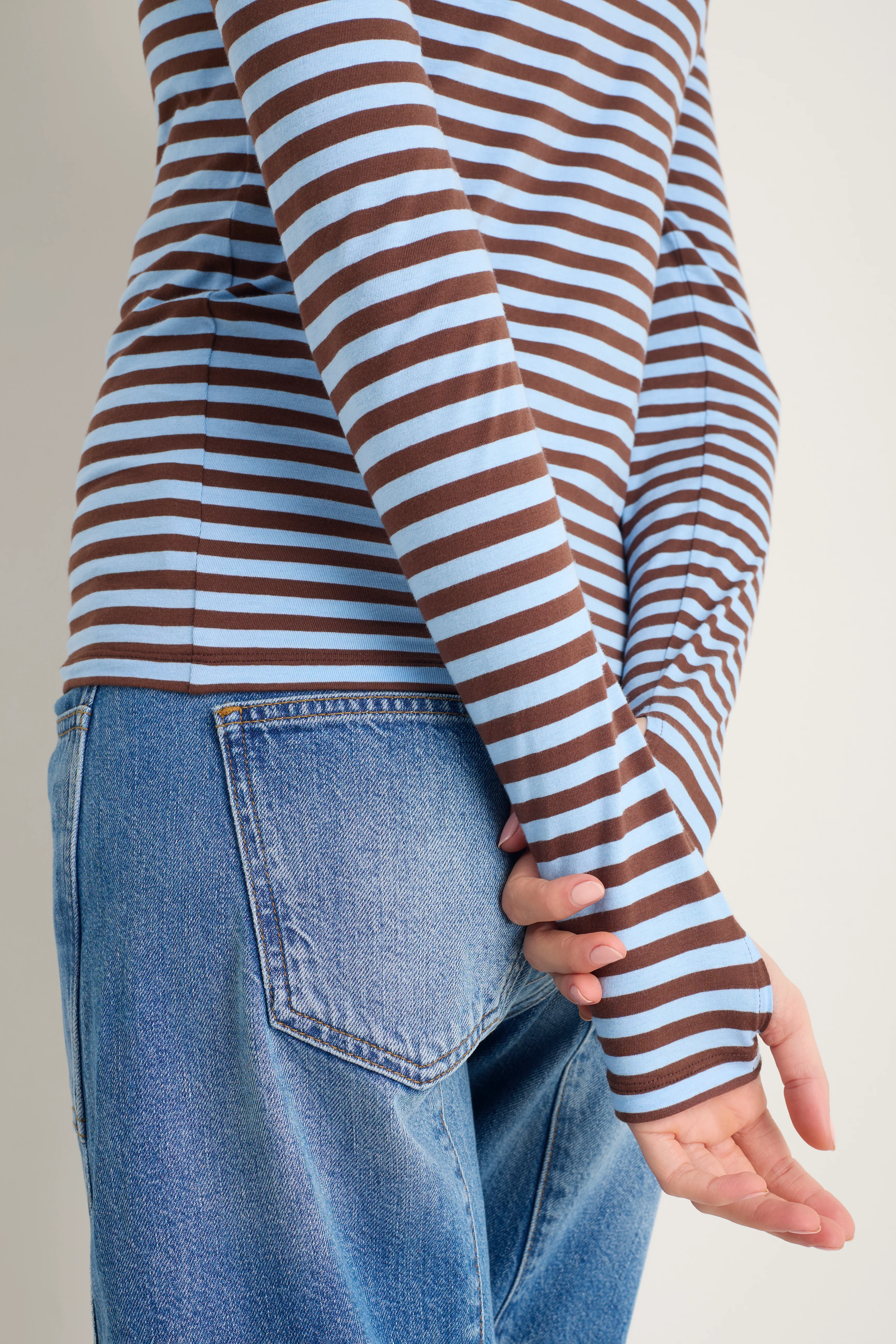 Marnie Long Sleeve Jersey Top - Chocolate/Sky Blue Stripe - Image 4