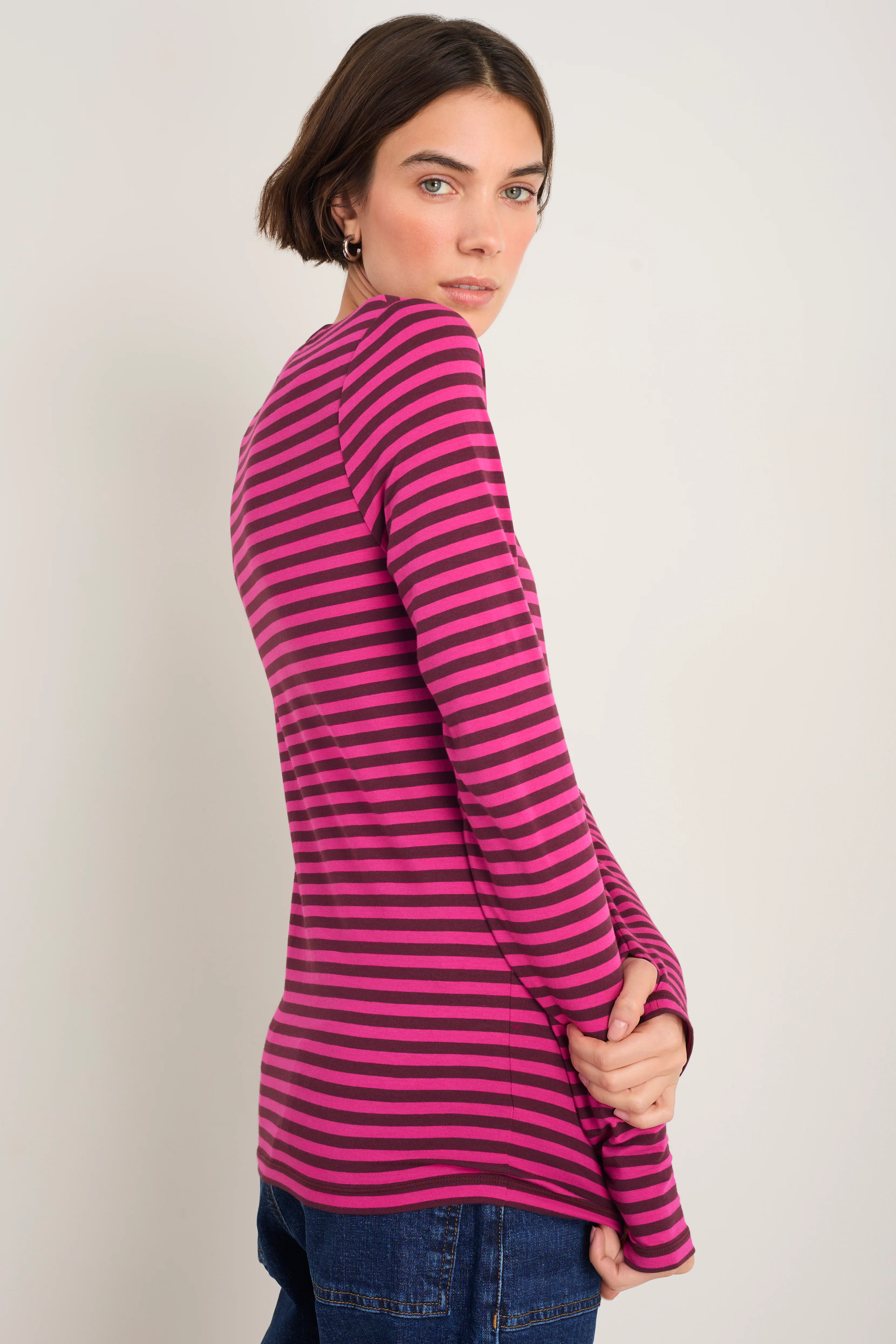 Marnie Long Sleeve Jersey Top - Deep Fig/Pink Stripe - Image 3