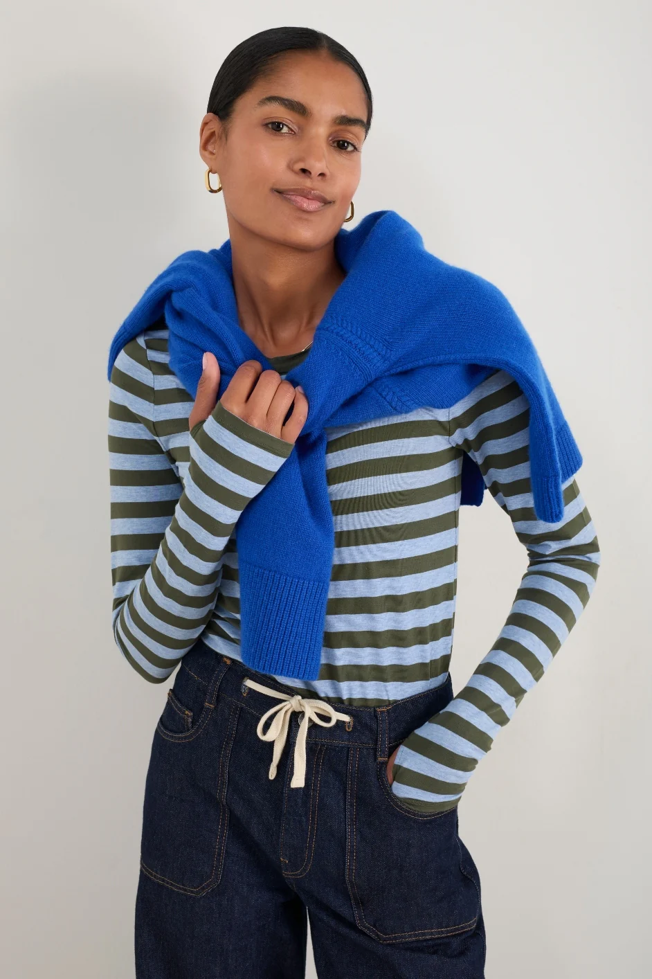 Marnie Long Sleeve Jersey Top - Denim Blue/Olive Stripe - Image 3