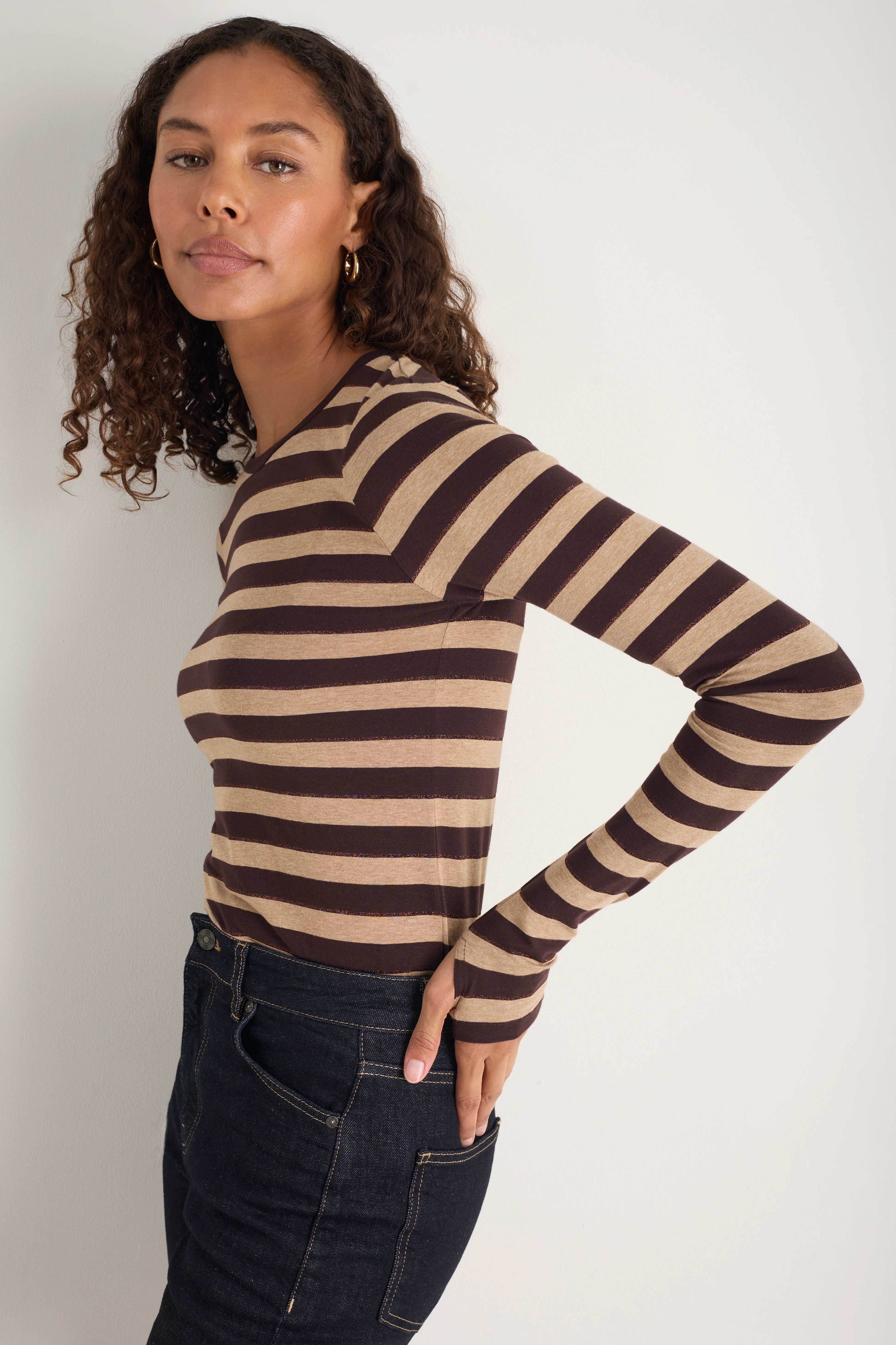Marnie Long Sleeve Jersey Top - Metallic Stripe - Image 7