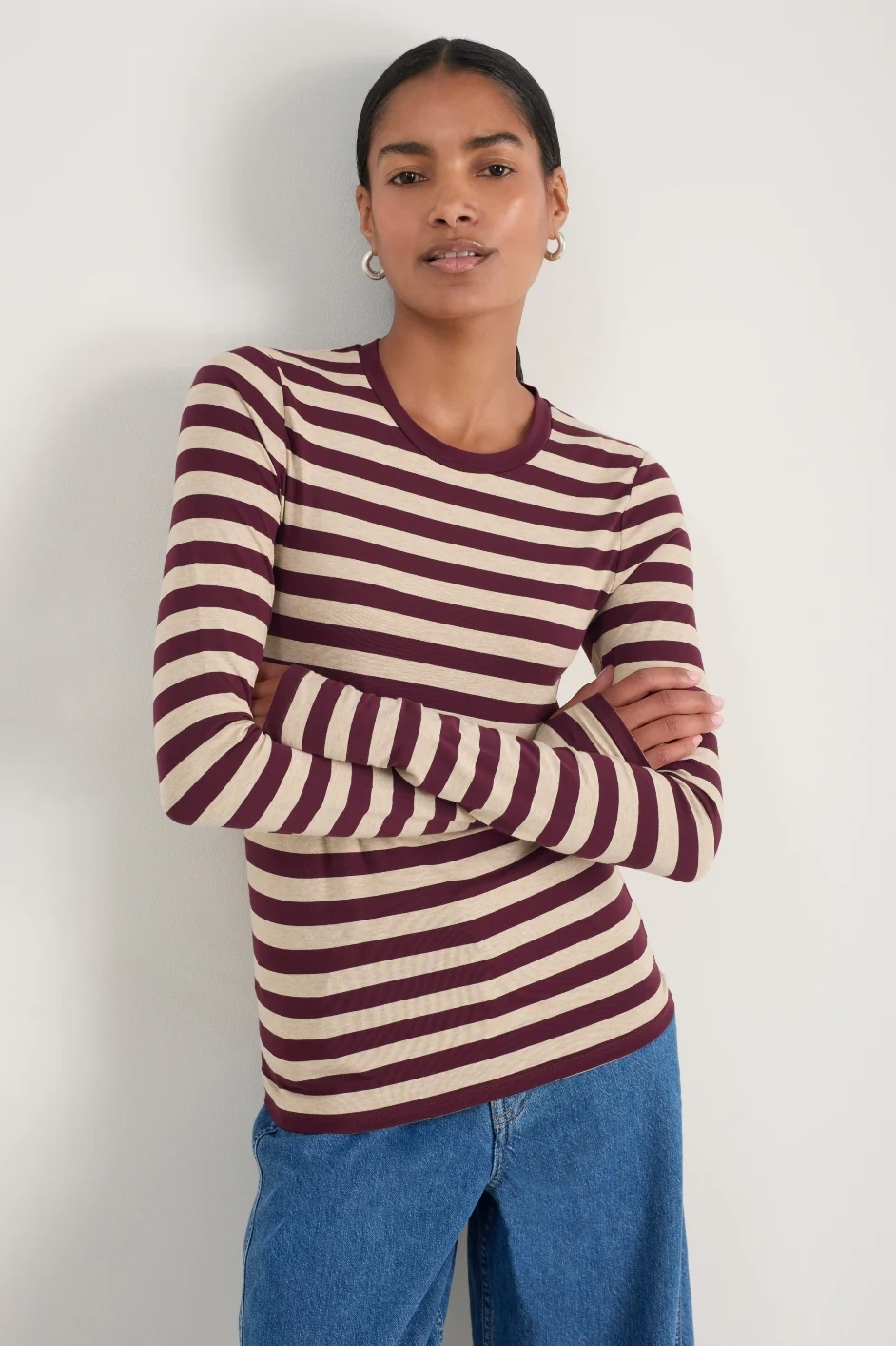 Marnie Long Sleeve Jersey Top - Oat/Deep Fig Stripe - Image 3