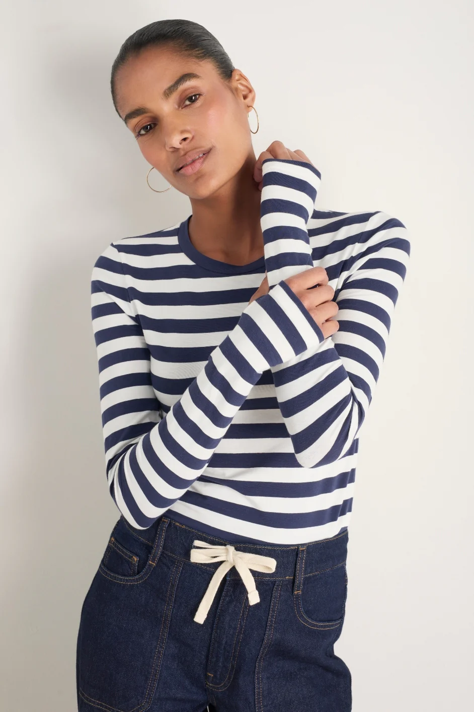 Marnie Long Sleeve Jersey Top - Midnight/Ivory Stripe - Image 3