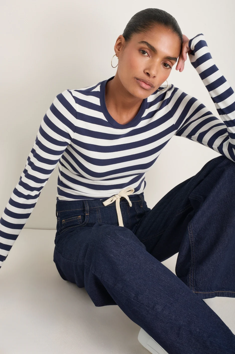 Marnie Long Sleeve Jersey Top - Midnight/Ivory Stripe - Image 5