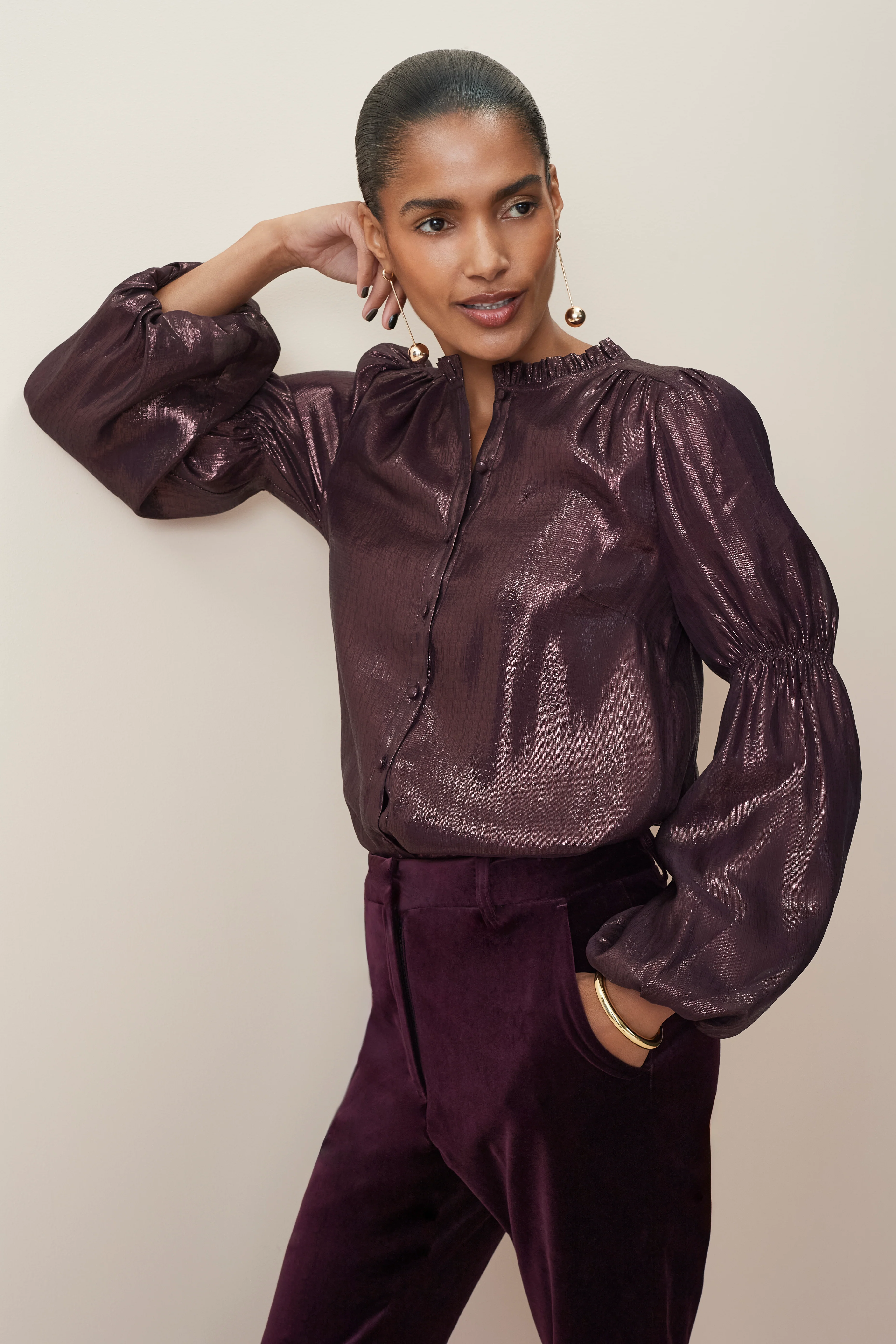 Melly Lame Blouse - Deep Fig - Image 4