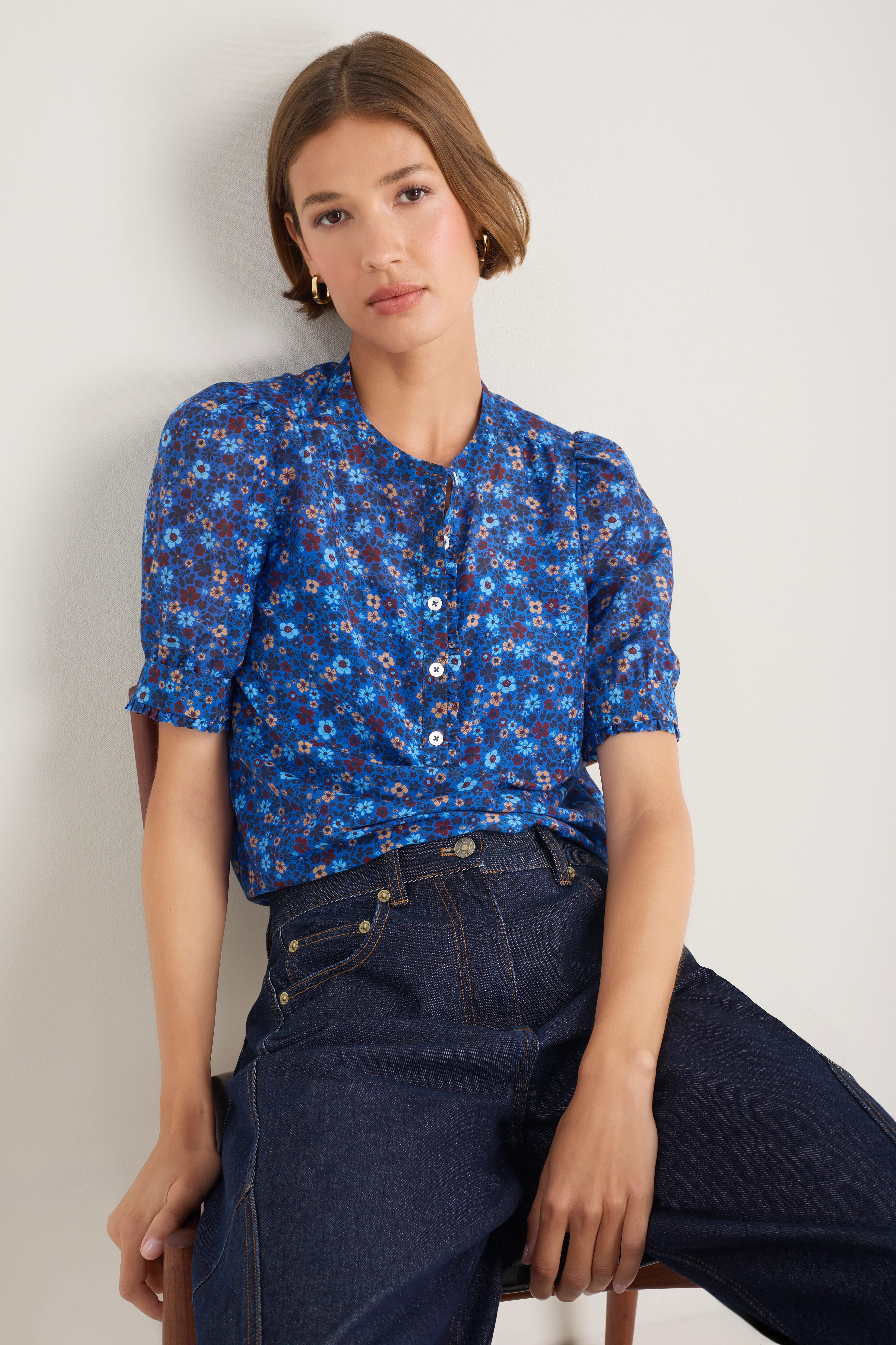 Noah Silk Blend Blouse - Cobalt Retro Ditsy - Image 3