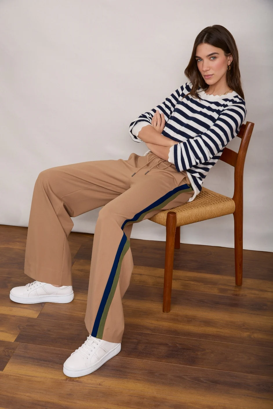 Penny Ponte Wide Leg Trouser - Sand/Moss Green Midnight Stripe - Image 3