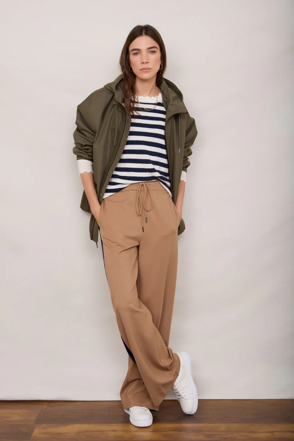 Penny Ponte Wide Leg Trouser - Sand/Moss Green Midnight Stripe - Image 6