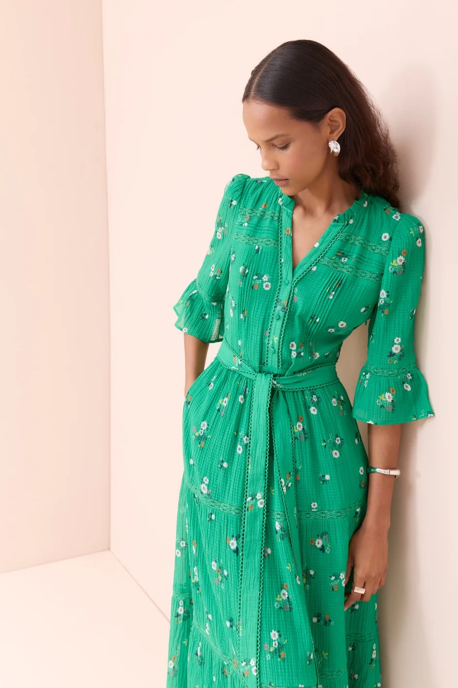 Samara Silk Blend Dress - Jade Green Spaced Floral - Image 4