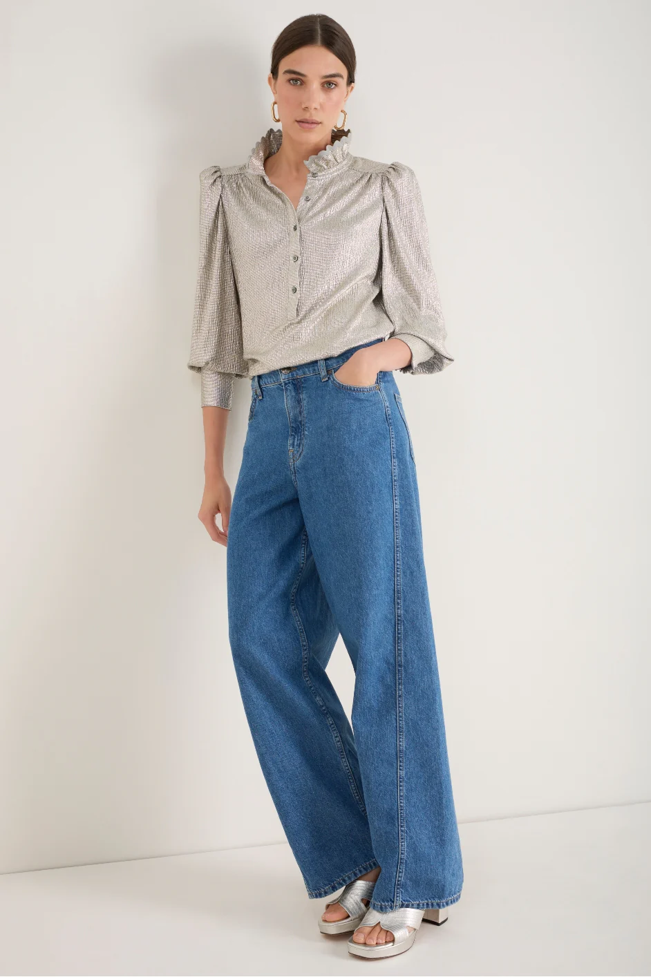 Sathony Metallic Frill Neck Top - Champagne - Image 3