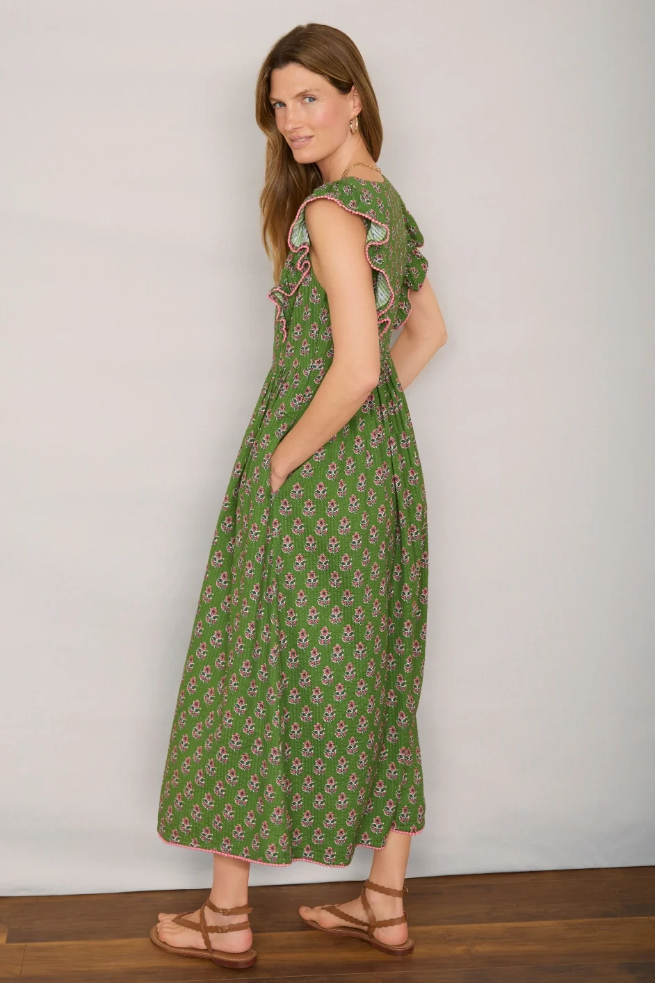 Simone Dress - Green Woodblock Print - Image 5